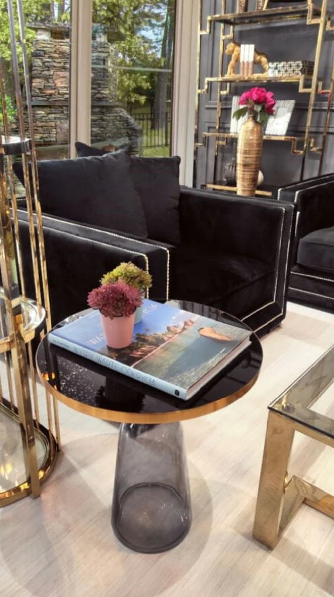 Luxury side table black / gray / gold Ø 50 x H. 53 cm - Round glass table - Modern living room furniture