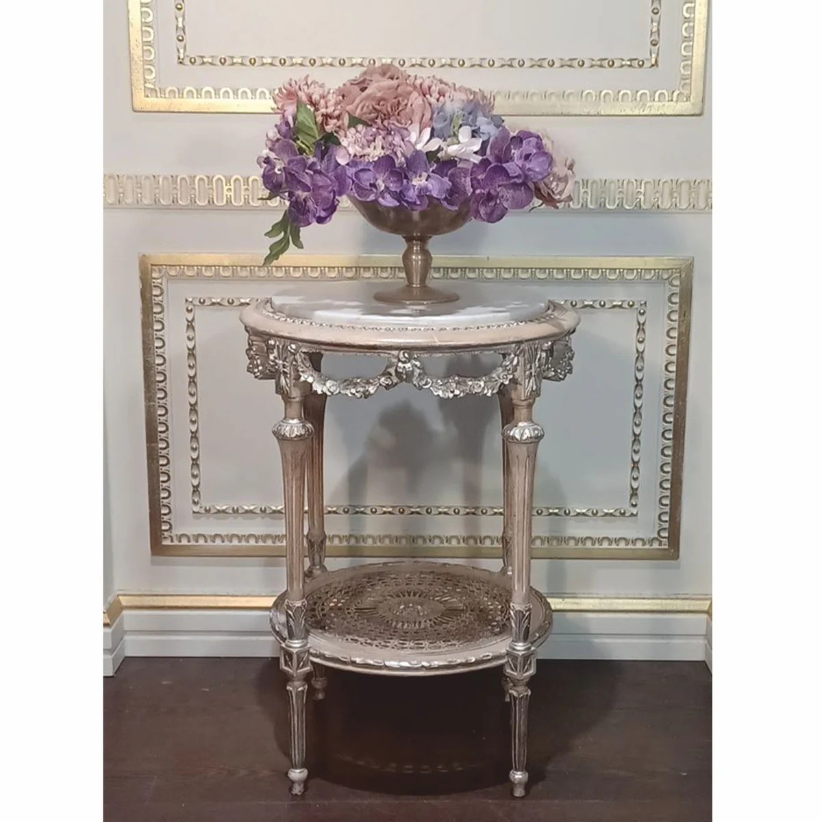 Luxury Baroque side table with marble top silver / white - Made in Italy