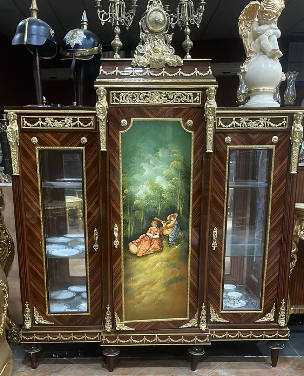 Baroque display cabinet brown / multicolored / gold - handmade solid wood antique style display cabinet with 3 doors - baroque furniture - antique style furniture - living room furniture in baroque style