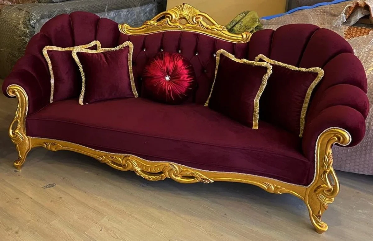 Luxury Baroque Sofa Bordeaux Red / Gold - Magnificent Living Room Sofa with Glitter Stones - Baroque Furniture - Luxury Living Room Furniture in Baroque Style - Noble & Magnificent