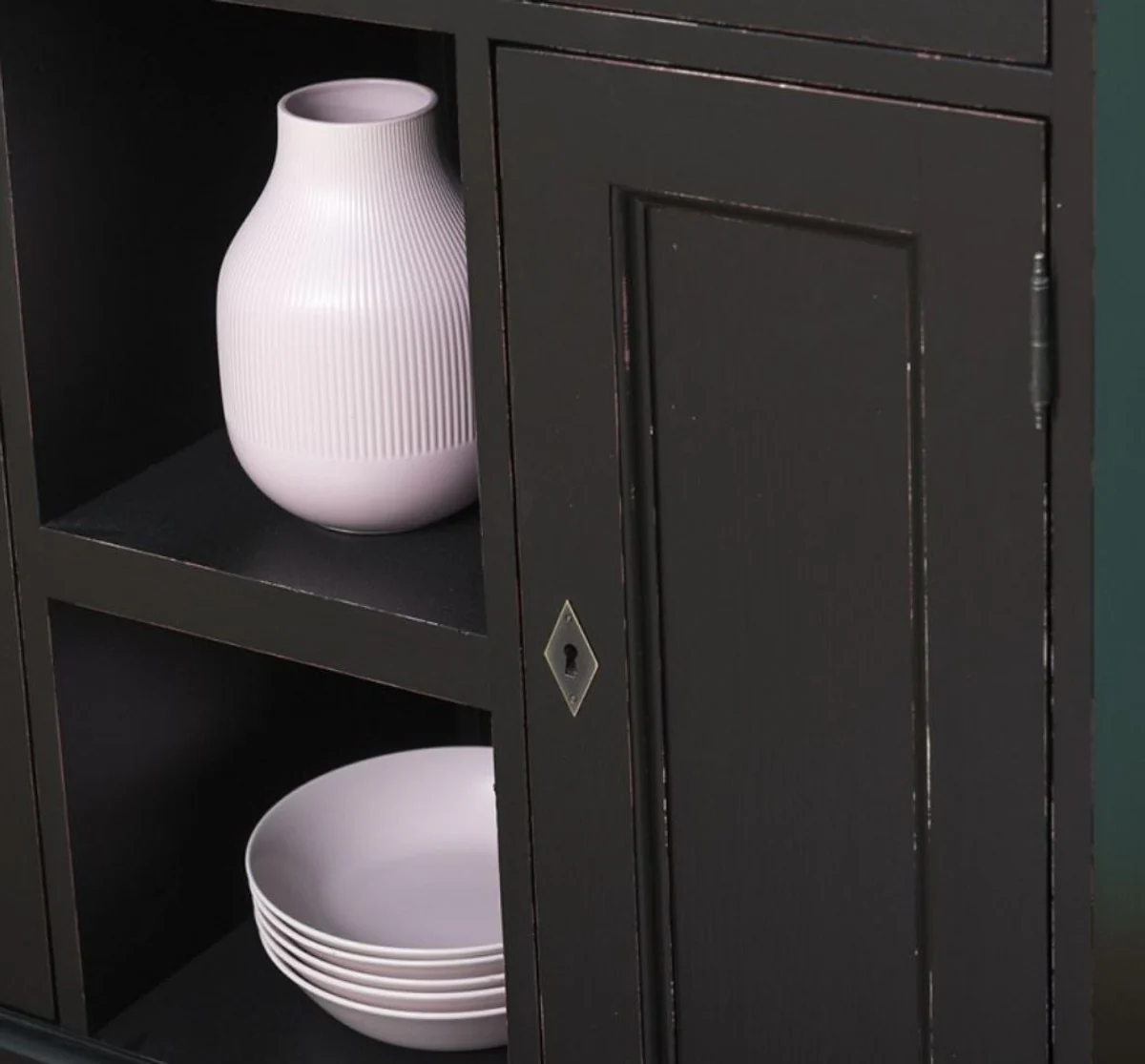 Country house style cabinet antique black 97 x 40 x H. 210 cm - solid wood shelf cabinet with 2 doors and 6 drawers - furniture in country house style