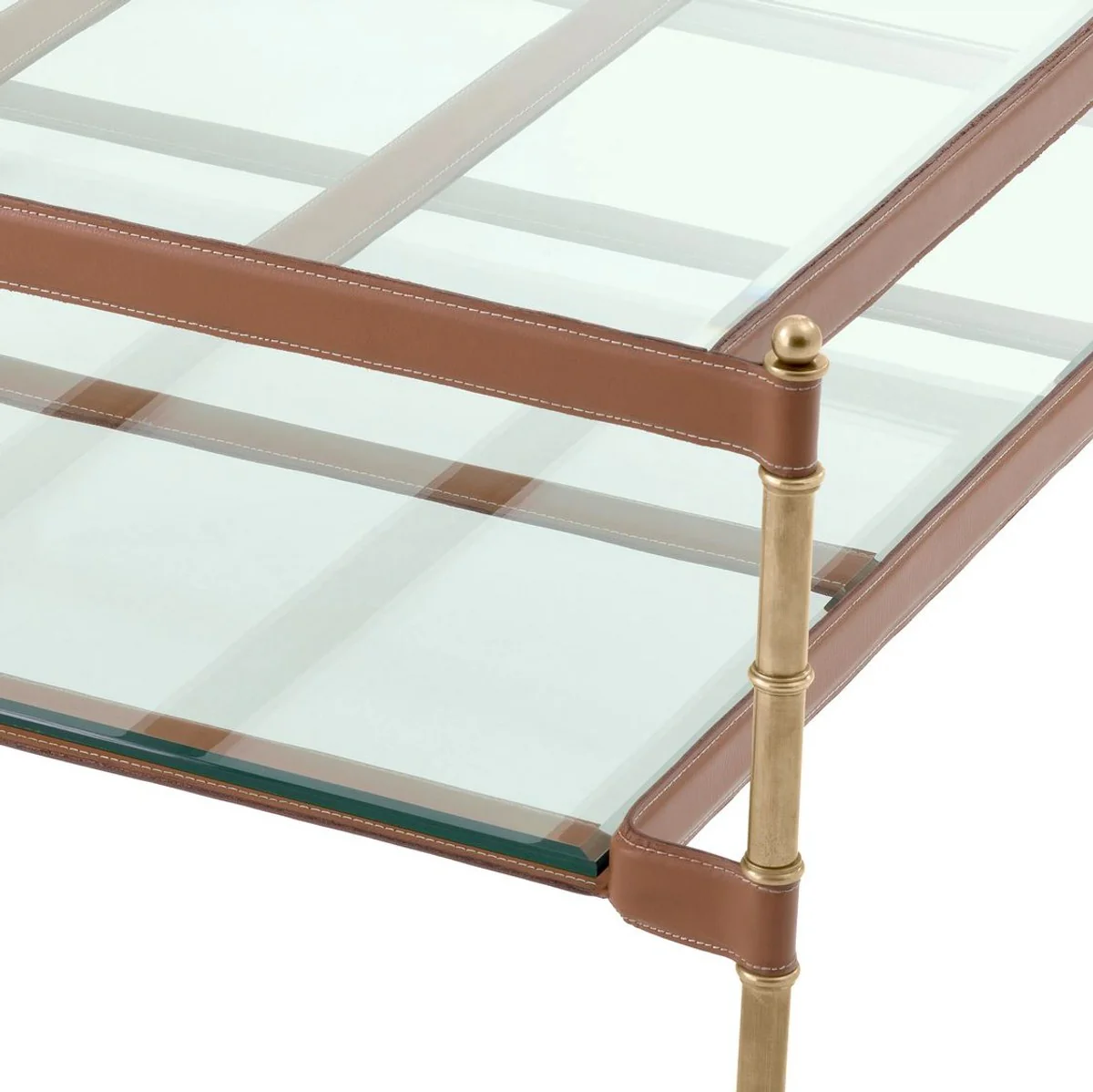 Luxury coffee table vintage brass / brown 89 x 87.5 x H. 44 cm - Living room table with glass tops and real leather - Living room furniture - Hotel furniture - Luxury furniture - Luxury furnishings