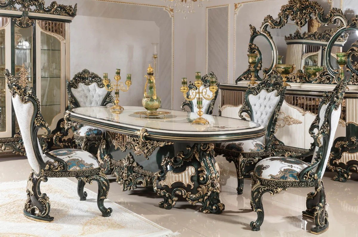 Luxury Baroque Dining Room Set White / Green / Gold - 1 Baroque Dining Table & 6 Baroque Dining Room Chairs - Baroque Dining Room Furniture - Luxury Furniture in Baroque Style - Noble & Magnificent - Luxury Quality