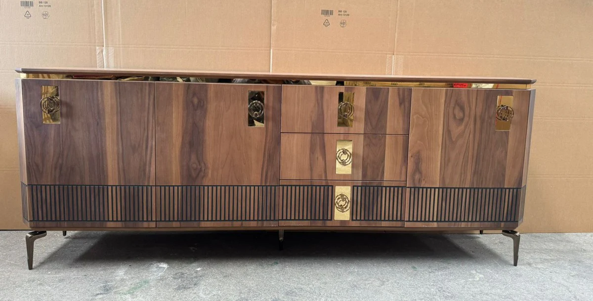 Luxus Sideboard mit 3 Türen und 3 Schubladen Braun / Schwarz / Gold 200 cm