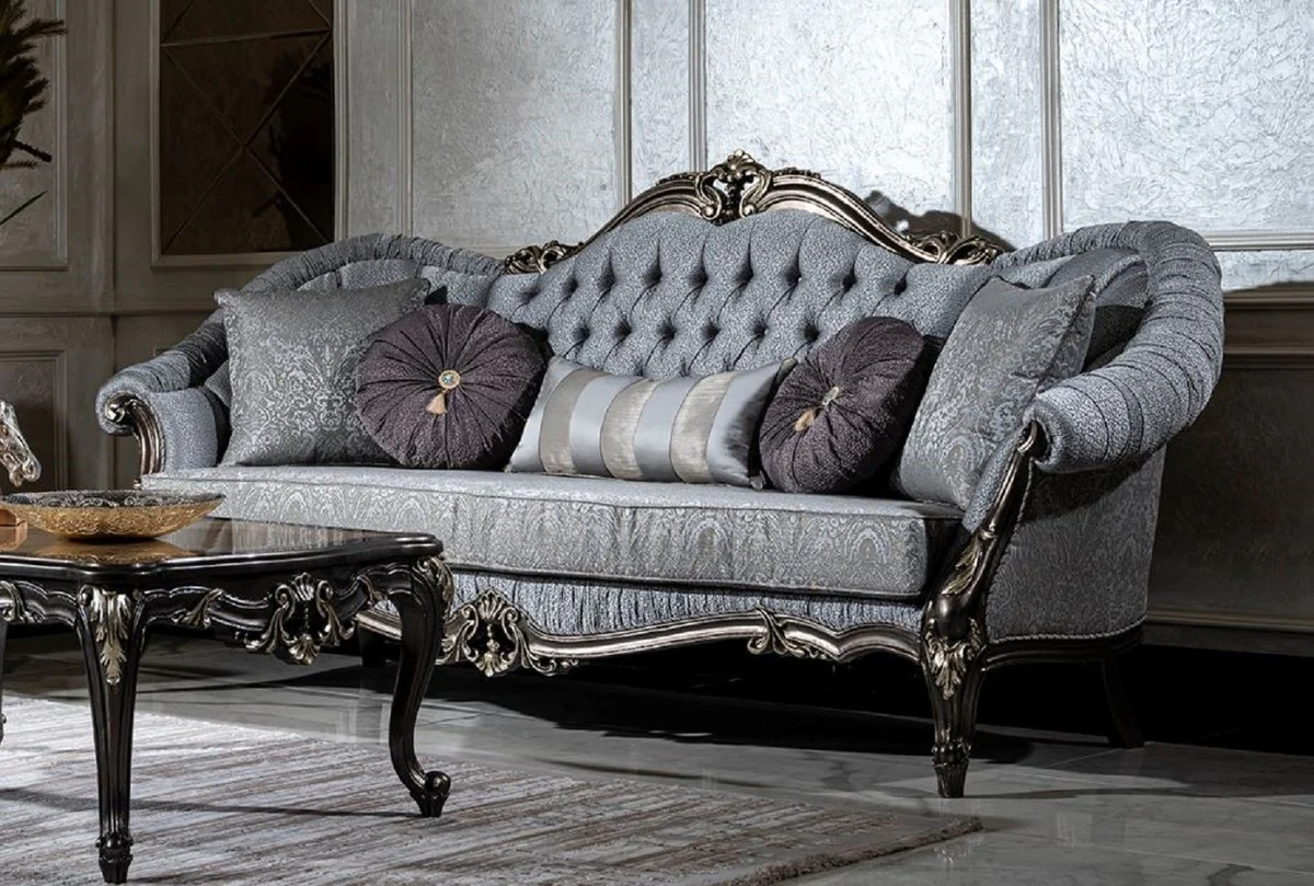 Luxury baroque sofa light blue / gray / dark gray / gold - magnificent living room sofa with decorative pillows - living room furniture in baroque style