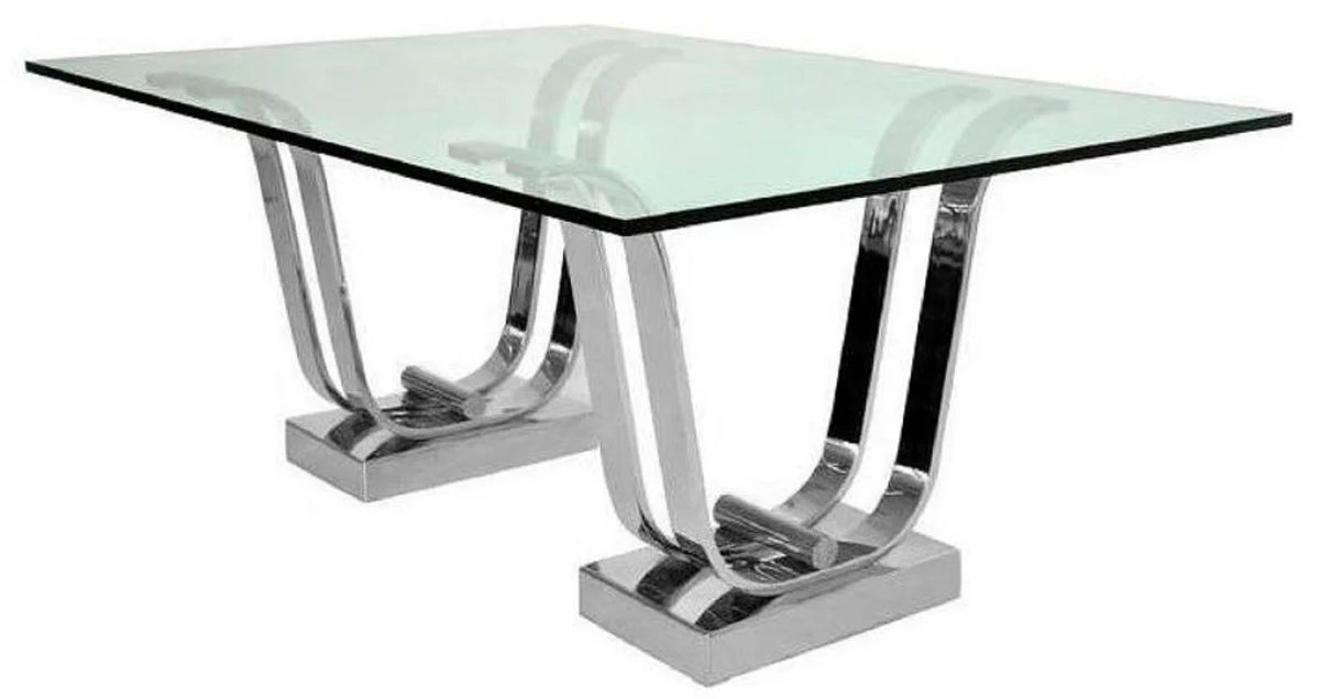Luxury dining table silver 220 x 120 x H. 75 cm - Rectangular metal kitchen table with glass top - Dining room furniture - Kitchen furniture - Luxury furniture
