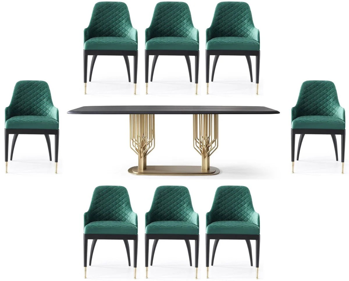 Luxury Dining Room Set Green / Black / Brass - 1 Luxury Dining Table & 8 Luxury Dining Chairs - Dining Room Furniture - Luxury Furniture - Luxury Collection
