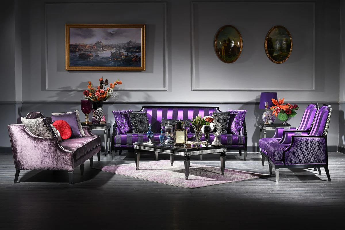 Luxus Barock Wohnzimmer Set Lila / Schwarz / Silber - 2 Sofas & 2 Sessel & 1 Couchtisch & 2 Beistelltische - Barockmöbel