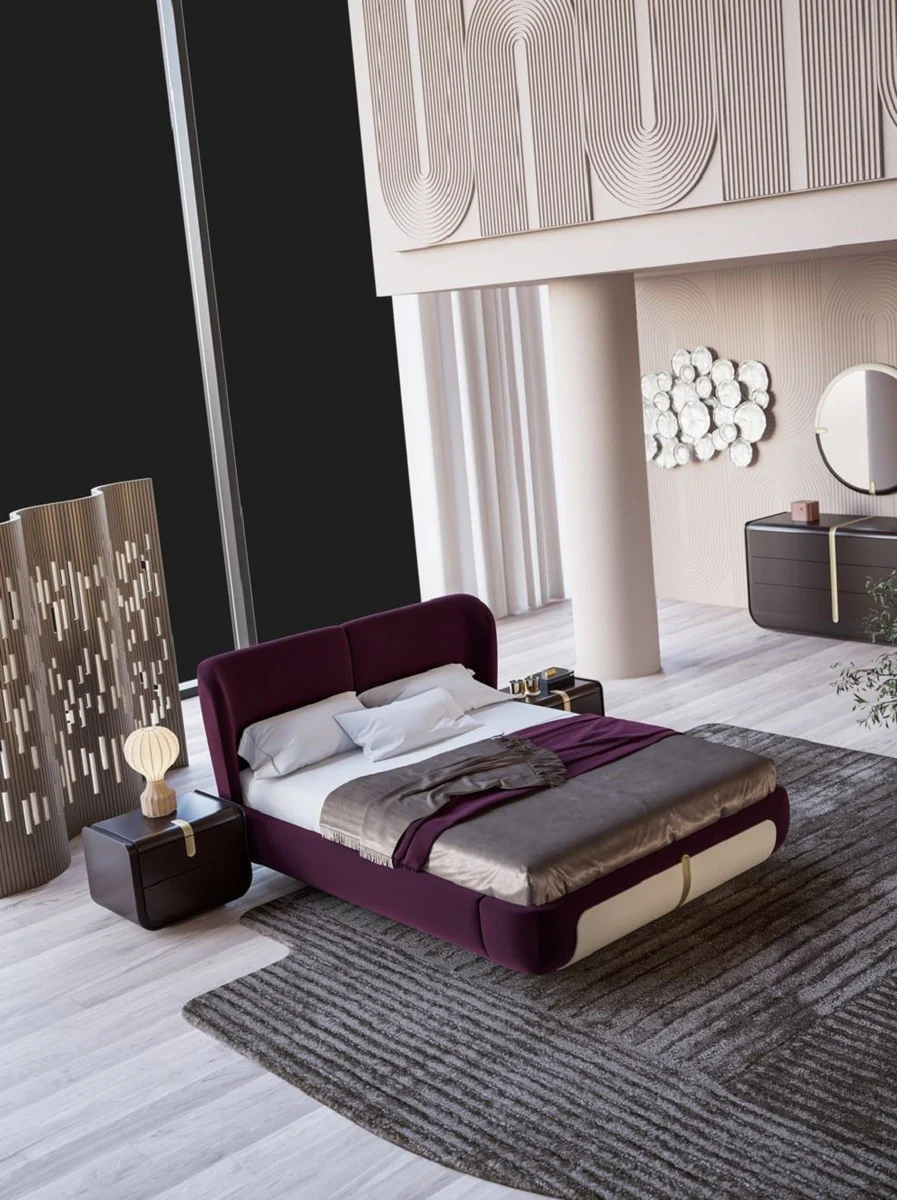 Luxury double bed purple / cream / beige 207 x 225 x H. 110 cm - solid wood bed - bedroom furniture - hotel furniture - luxury furniture - luxury furnishings