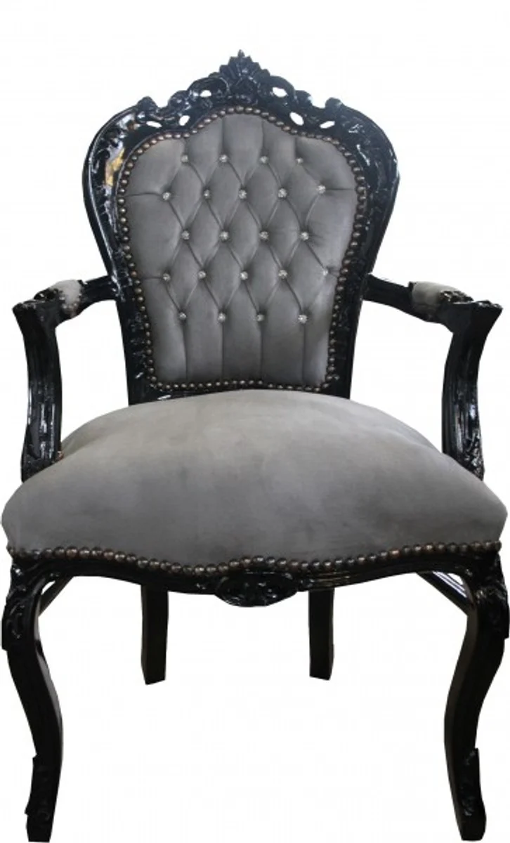 Baroque dining room chair gray / black with armrests and bling bling rhinestones - Limited Edition