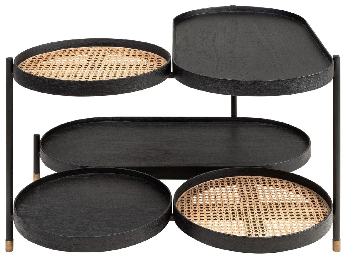 Luxury coffee table black / natural colors / brass 82.8 x 83.5 x H. 53 cm - Mindi wood & rattan living room table with steel frame - living room furniture - luxury furniture - luxury furnishings