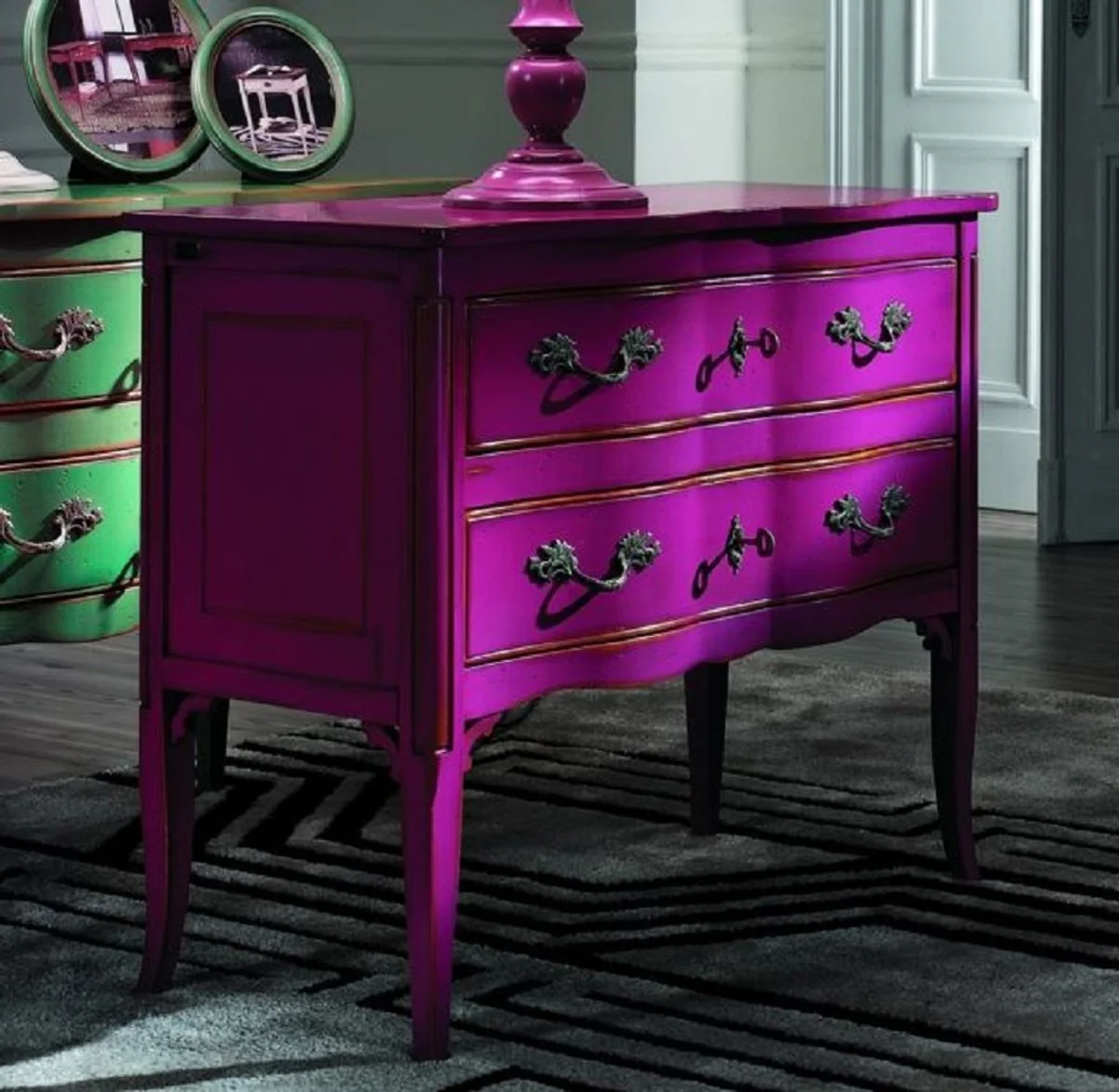 Luxury Baroque Chest of Drawers Antique Purple / Silver - Handmade Solid Wood Chest of Drawers with 2 Drawers - Baroque Style Bedroom Furniture - Baroque Furniture - Luxury Quality - Made in Italy