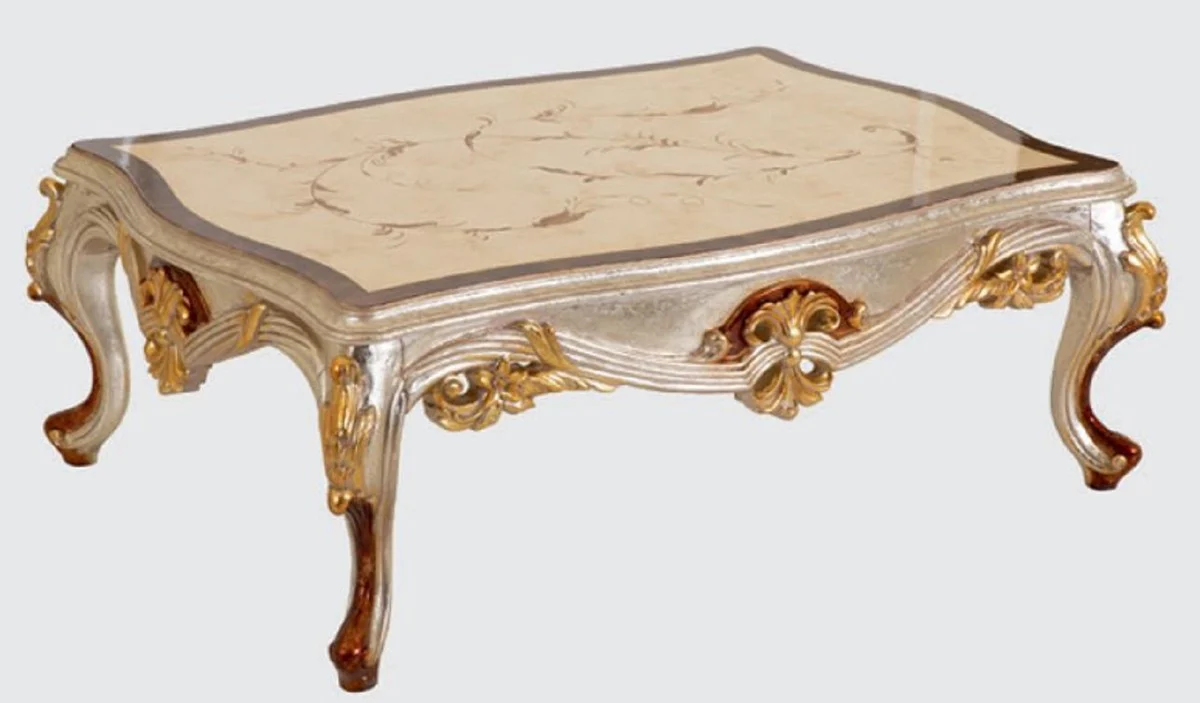 Luxury baroque coffee table cream / silver / brown / gold 125 x 90 x H. 45 cm - handmade solid wood living room table in baroque style - baroque furniture