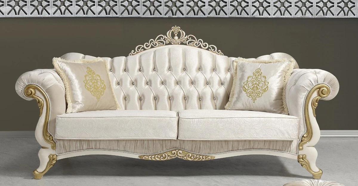Baroque living room sofa with glittering stones champagne colors / cream / gold 224 x 83 x H. 112 cm - living room furniture - noble & magnificent