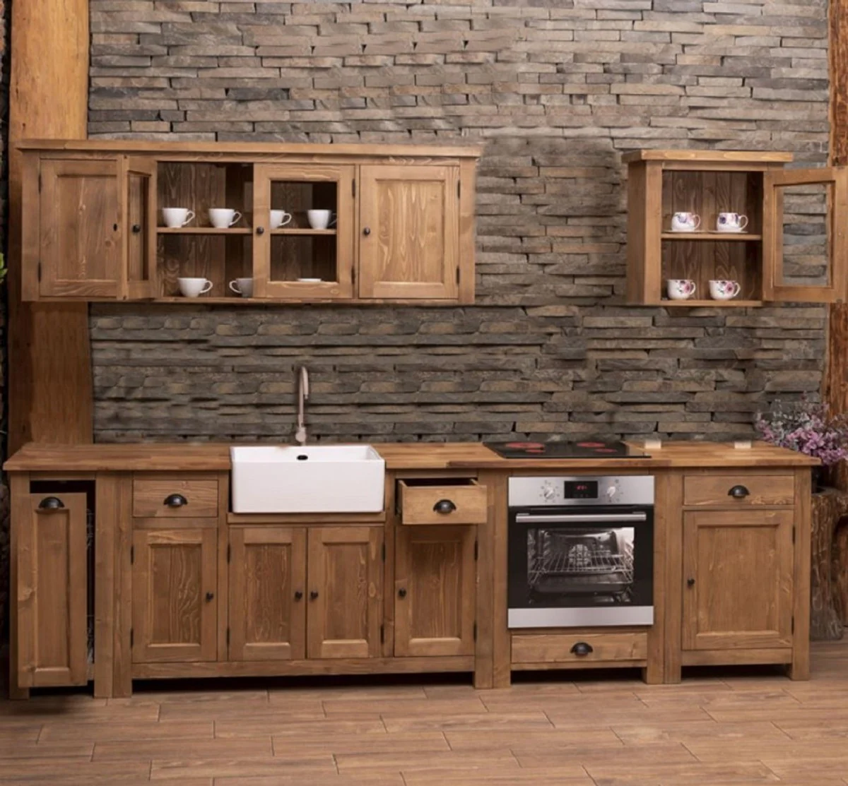 Country house style fitted kitchen brown 343 x 65 x H. 90 cm - solid wood kitchen unit - dining room furniture in country house style - country house style solid wood fitted kitchens