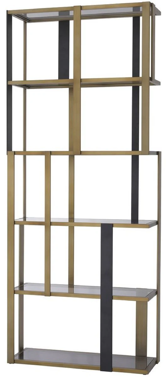 Luxury shelf cabinet brass / matt black / gray 100 x 37 x H. 240.5 cm - stainless steel cabinet with 5 glass shelves - living room cabinet - office cabinet - luxury furniture