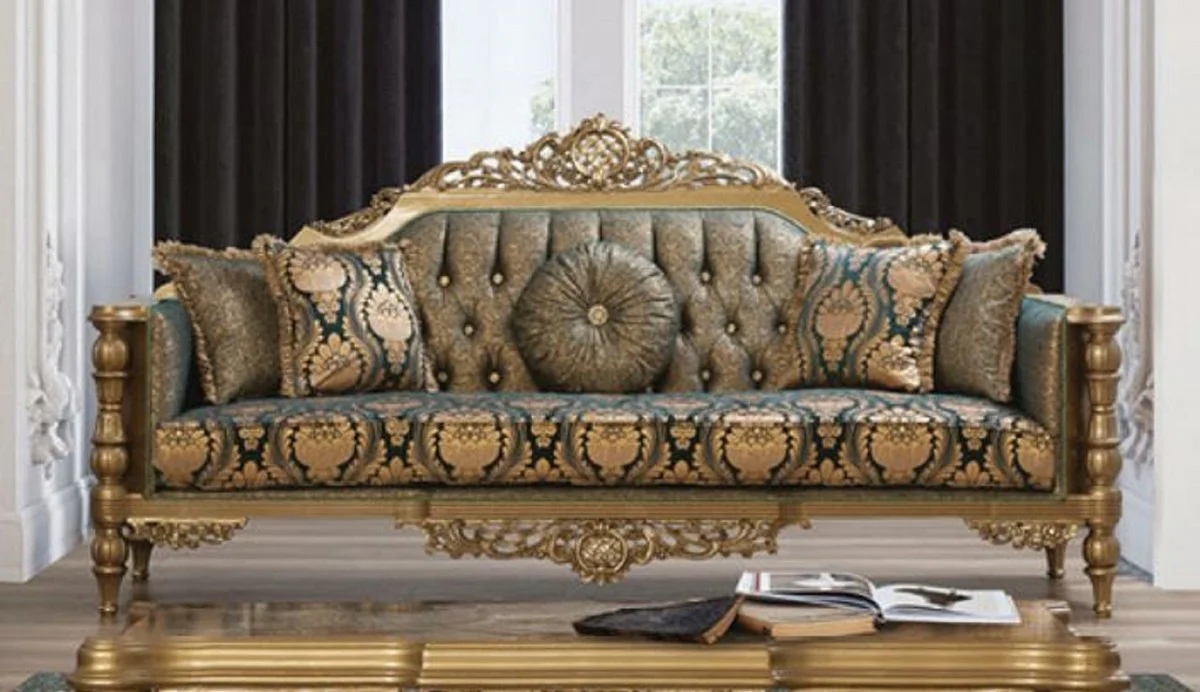 Luxury Baroque Sofa Green / Gold - Magnificent living room sofa with elegant pattern and decorative pillows - Baroque living room furniture