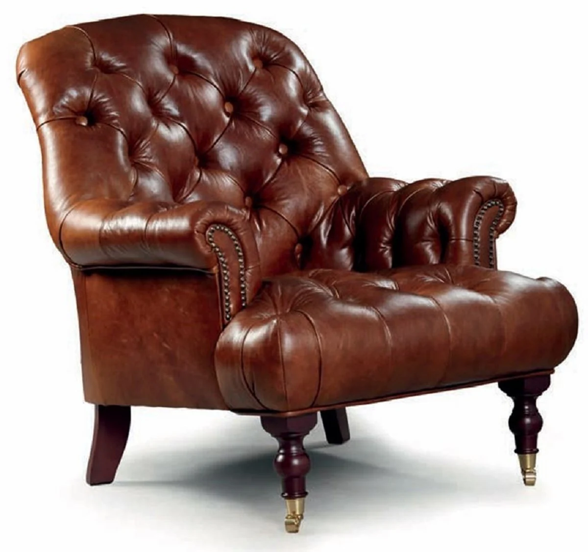 Luxury Chesterfield genuine leather armchair brown / brass H. 89 cm