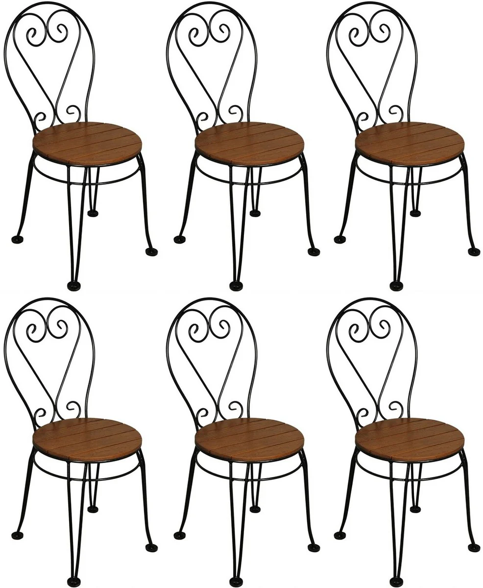 Art Nouveau garden chair set of 6 brown / black 40 x 40 x H. 92 cm - Elegant wrought iron chairs with solid wood seats - Nostalgic garden & catering furniture