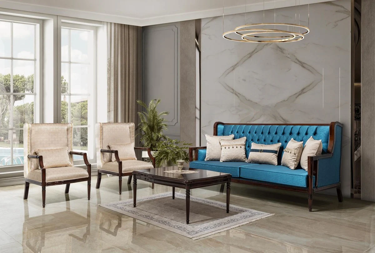 Luxury baroque sofa blue / dark brown 230 cm