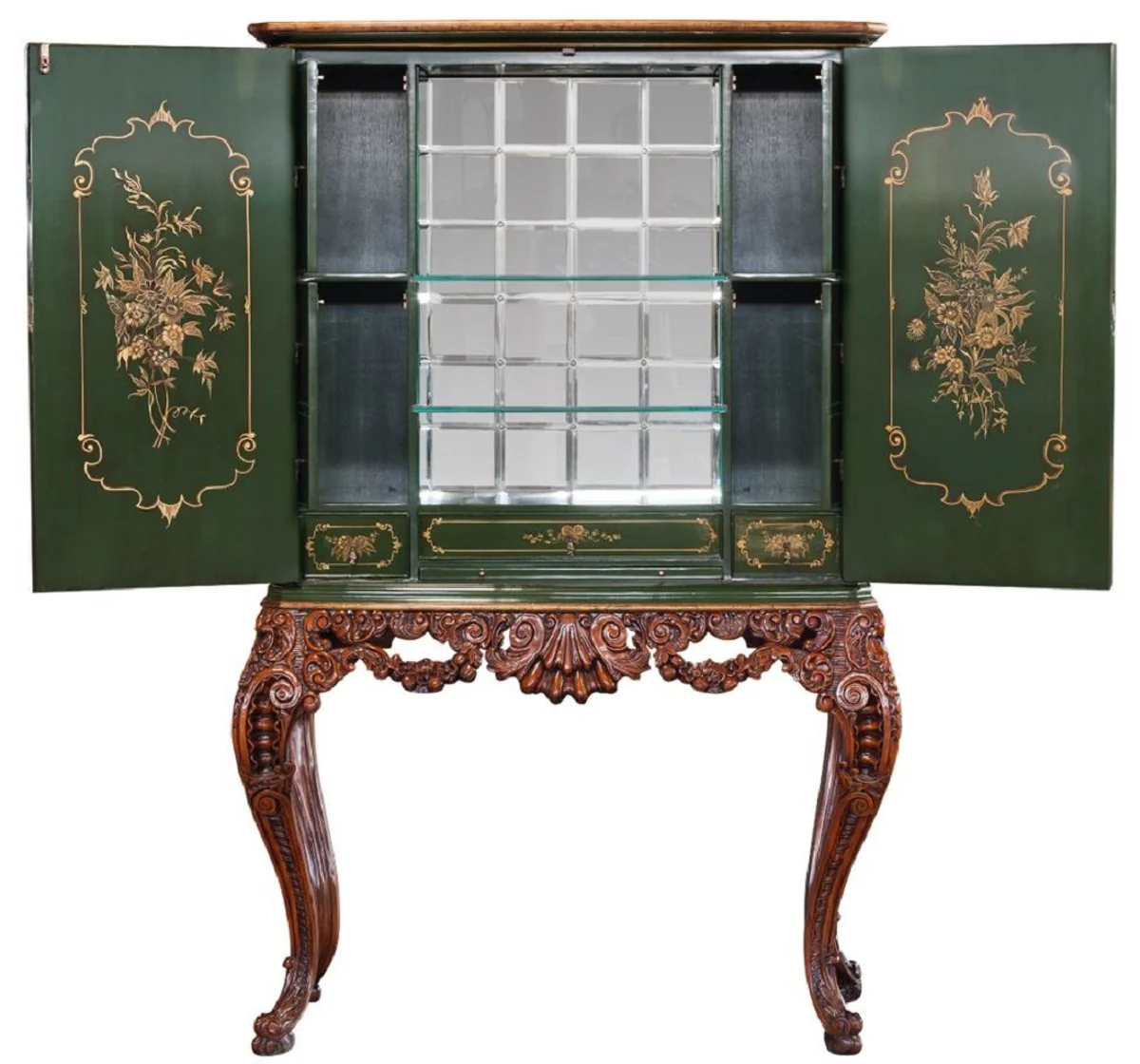 Luxury baroque bar cabinet green / brown / multicolored / gold - magnificent solid wood cabinet with LED lighting - baroque living room furniture - baroque bar furniture - baroque hotel furniture