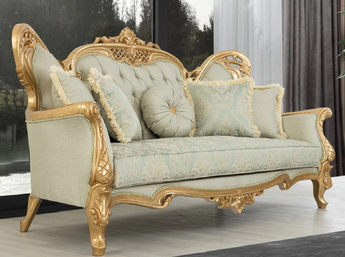 Luxury Baroque Sofa Light Green / Gold - Handmade Living Room Sofa with Elegant Pattern and Glitter Stones - Baroque Living Room Furniture - Noble & Magnificent