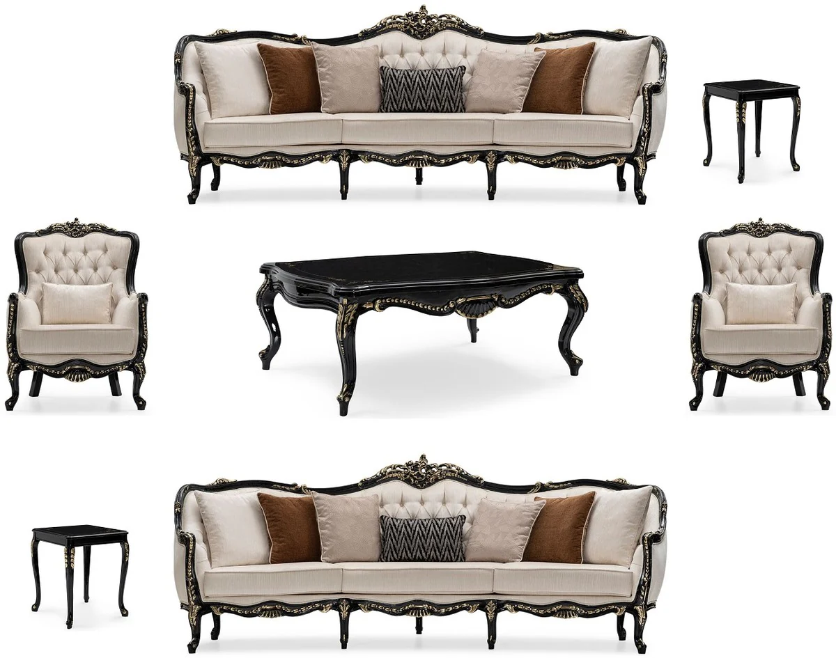 Luxus Barock Wohnzimmer Set Creme / Schwarz / Gold - 2 Sofas & 2 Sessel & 1 Couchtisch & 2 Beistelltische - Handgefertigte Wohnzimmer Möbel im Barockstil - Edel & Prunkvoll