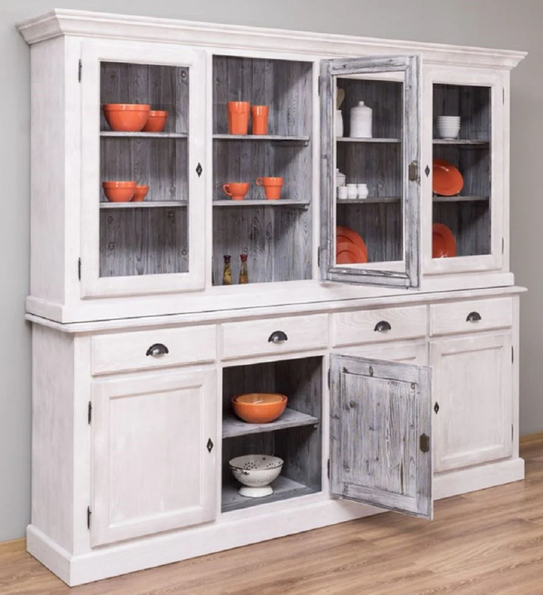 Country house style dining room cabinet light gray / gray 230 x 45 x H. 200 cm - solid wood kitchen cabinet - dining room furniture in country house style - country house style dining room furnishings