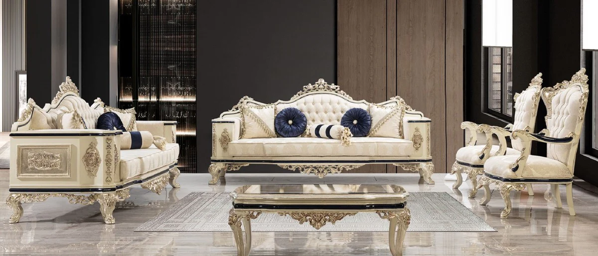 Luxus Barock Wohnzimmer Set Weiß / Creme / Schwarz / Antik Gold - 2 Barock Sofas & 2 Barock Sessel & 1 Barock Couchtisch - Luxus Wohnzimmer Möbel im Barockstil - Barock Möbel