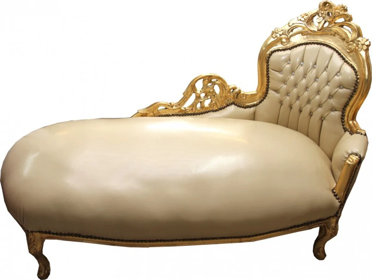 Baroque chaise longue cream/gold leather look with bling bling rhinestones - chaise longue lounger