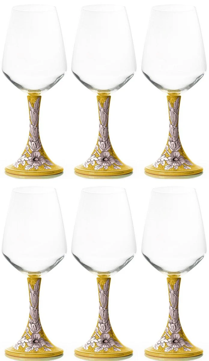 Luxury Ceramic Wine Glass Set of 6 Yellow / Multicolored H. 23.5 cm - Handmade & Hand-Painted Wine Glasses - Hotel & Restaurant Accessories - Luxury Quality - Made in Italy