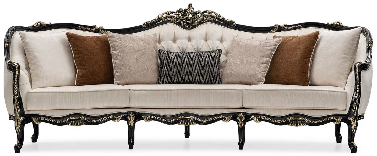 Luxus Barock Wohnzimmer Set Creme / Schwarz / Gold - 2 Sofas & 2 Sessel & 1 Couchtisch - Handgefertigte Wohnzimmer Möbel im Barockstil - Edel & Prunkvoll