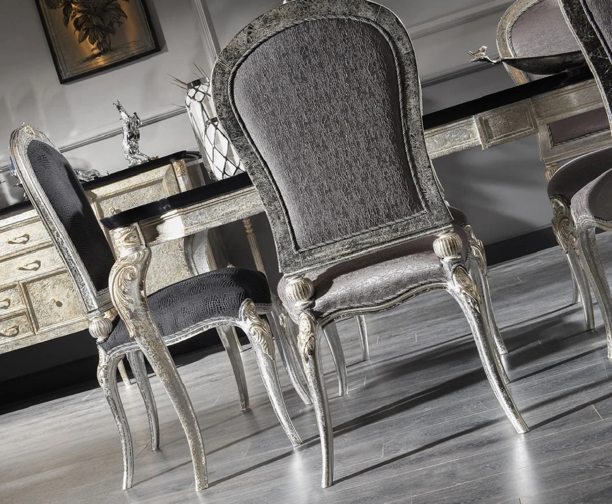 Luxury Baroque Dining Room Chair Set Dark Gray / Antique Silver / Gold - Handmade Kitchen Chairs Set of 6 - Baroque Dining Room Furniture - Noble & Magnificent