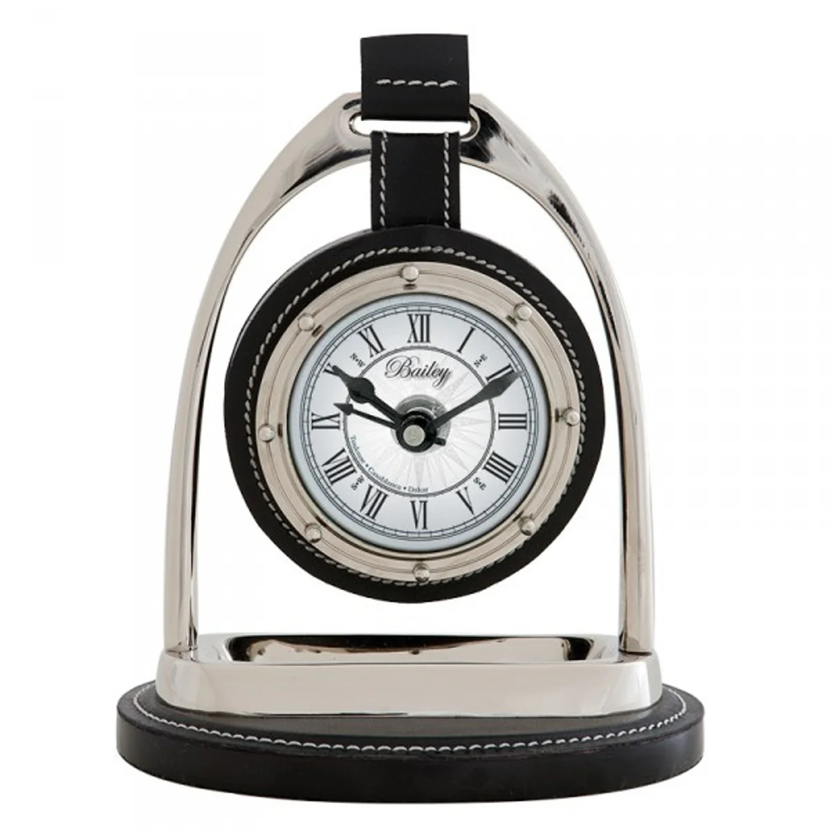 Designer Luxus Vintage Tischuhr Horsebit Nickel / Leder Schwarz 17 x 12,5 x H. 21 cm - Edel & Prunkvoll