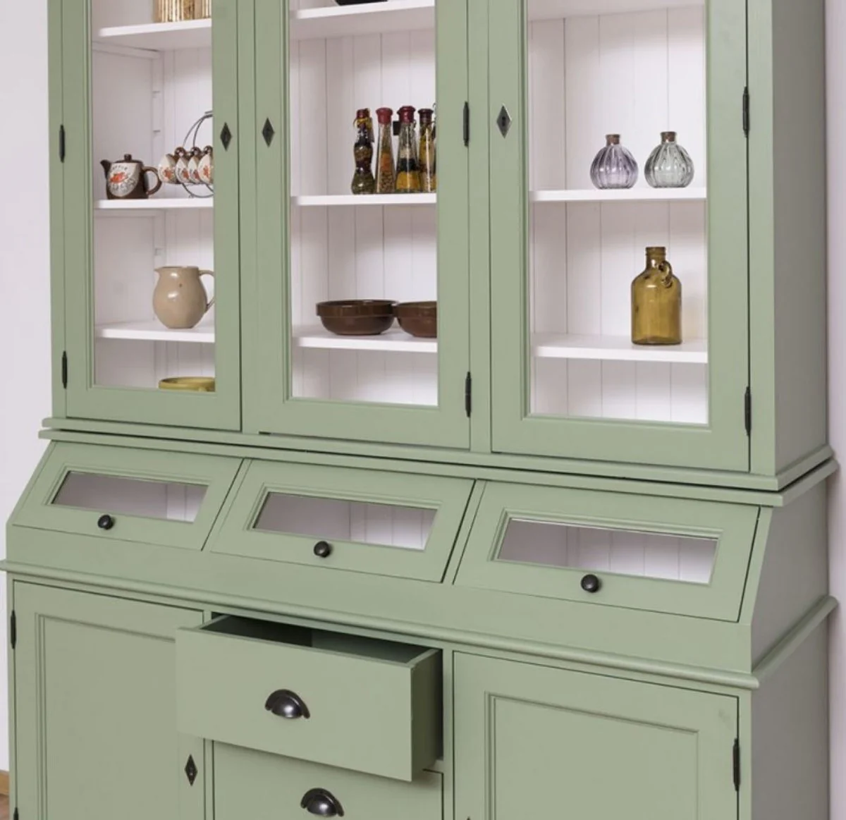 Country house style kitchen cabinet light green / white 164 x 50 x H. 226 cm - 2-piece solid wood dining room cabinet - country house style dining room furniture