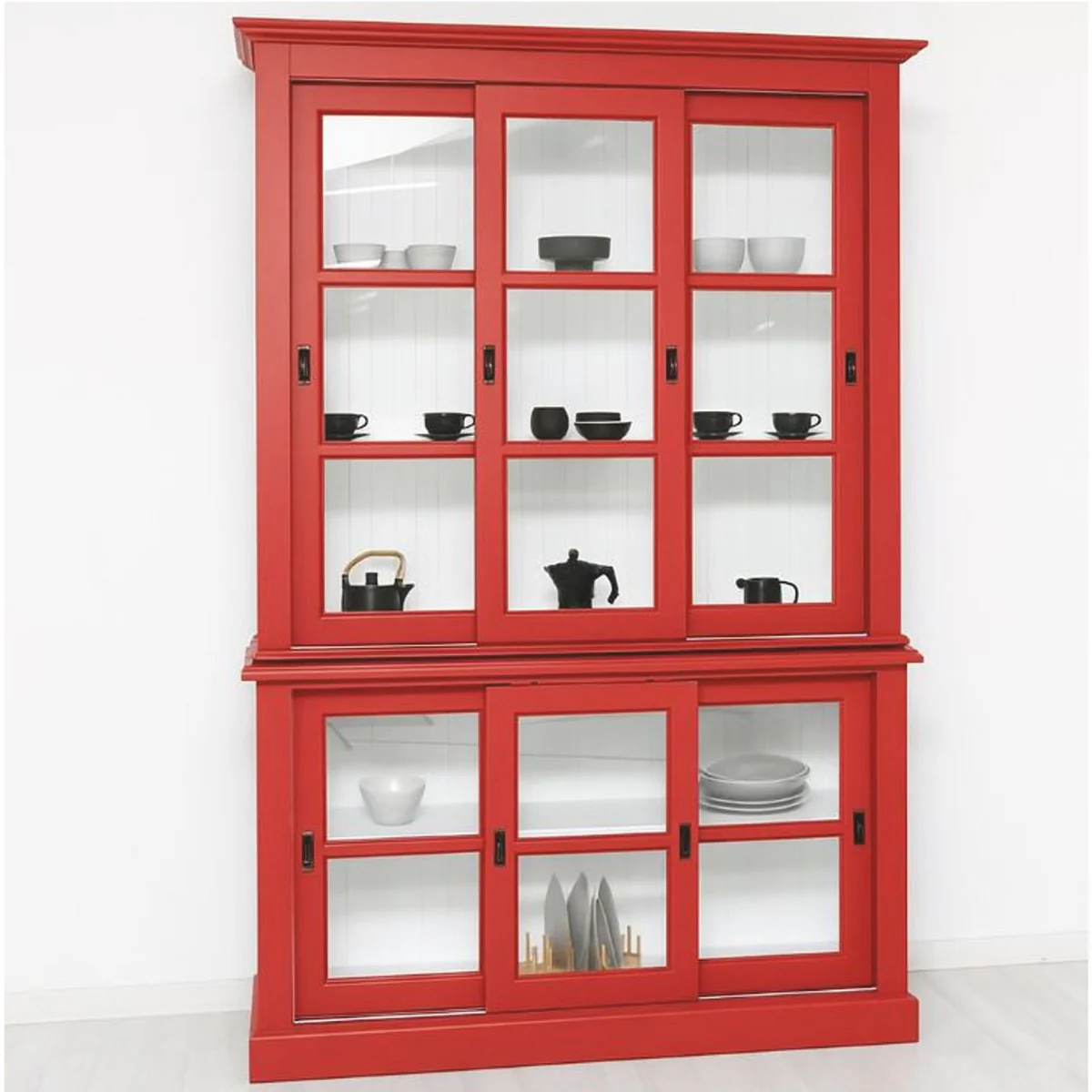 Country house style display cabinet with 6 sliding doors red / white 151 x 47 x H. 220 cm
