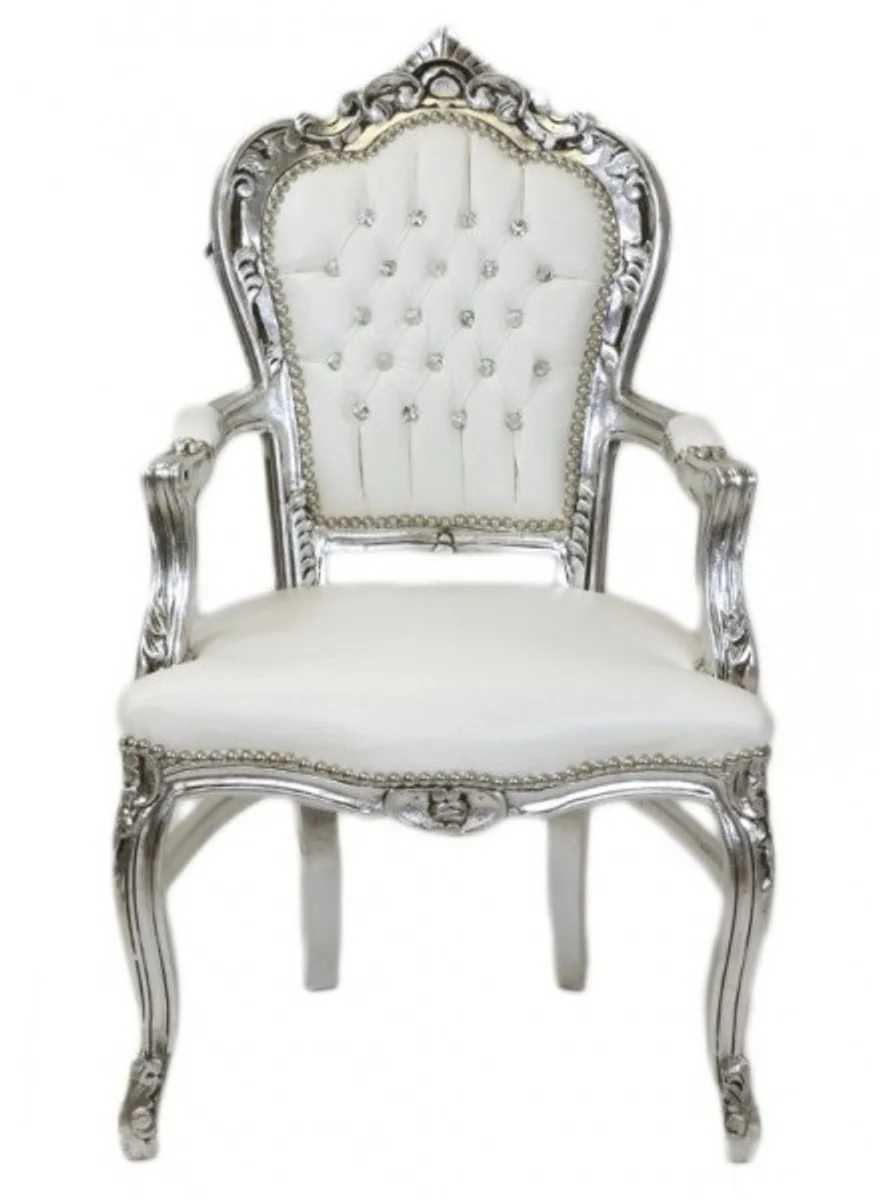 Baroque dining room chair with armrests white / silver leather look with bling bling rhinestones