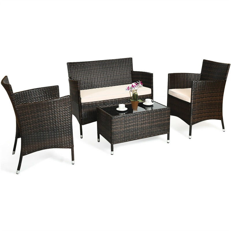 4 Pcs Outdoor Rattan Patio Conversation Set Wicker Furniture Set with Coffee Table and Cushion Sofas