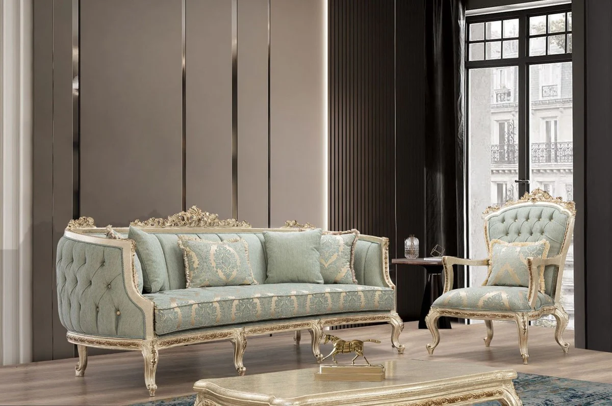 Luxury Baroque Sofa Green / Antique Gold - Magnificent living room sofa with elegant pattern - Baroque living room furniture