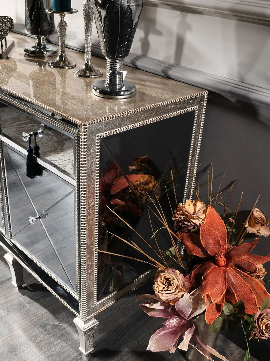 Luxury baroque chest of drawers with mirror glass silver / gold 205 x 55 x H. 100 cm - mirrored living room cabinet - luxury quality