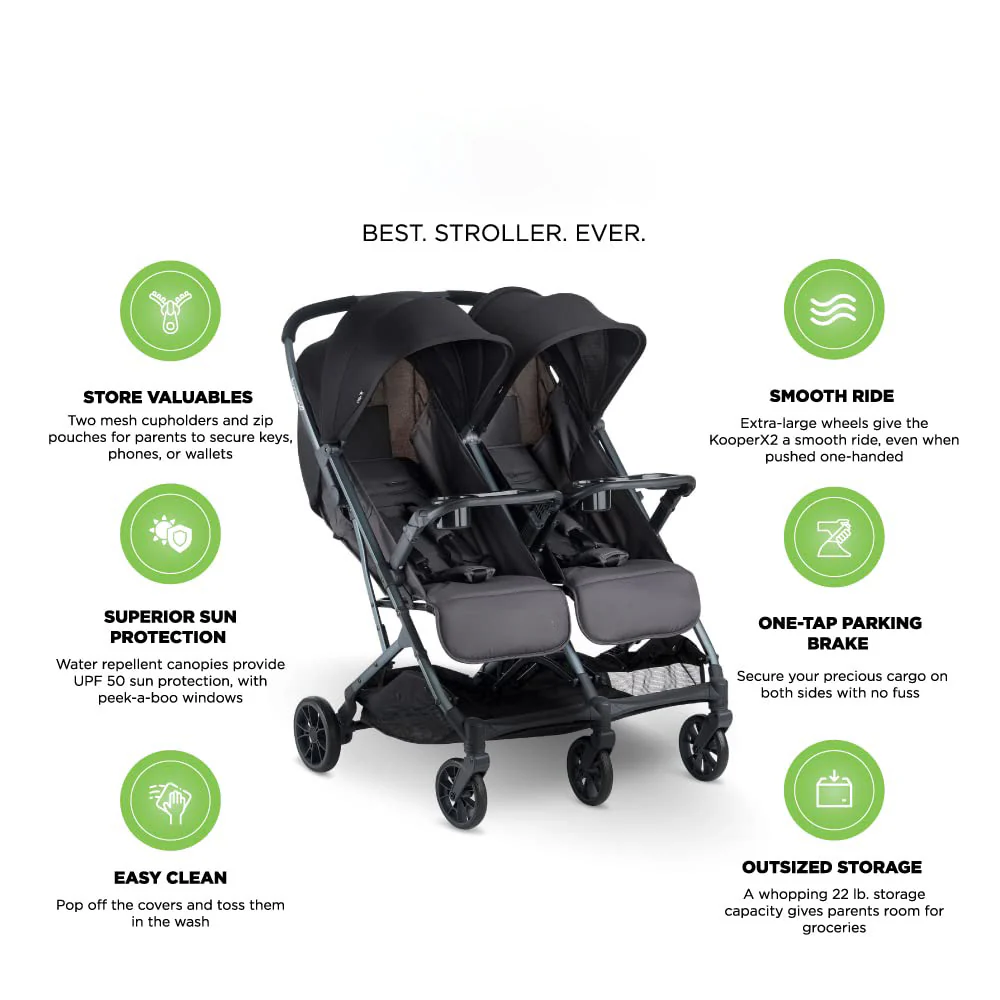 Side-by-Side-Doppelkinderwagen mit zwei Snack-Tabletts, einhändig klappbaren Sitzen, verstellbaren Liegesitzen, verstellbaren Beinstützen und 2 Reißverschlusstaschen zur Aufbewahrung, geschmiedetes Eisen