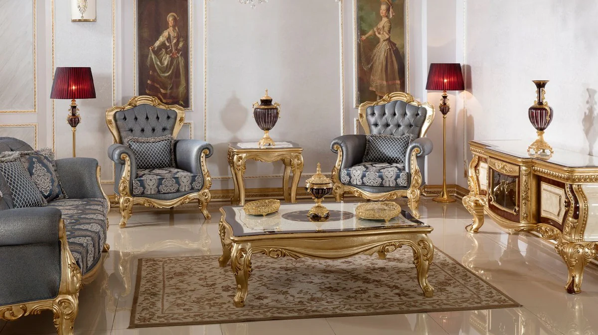 Luxury Baroque Living Room Set Blue / Gold - 2 Baroque Sofas & 2 Baroque Armchairs & 1 Baroque Coffee Table - Luxury Living Room Furniture in Baroque Style - Baroque Furniture - Baroque Furnishings