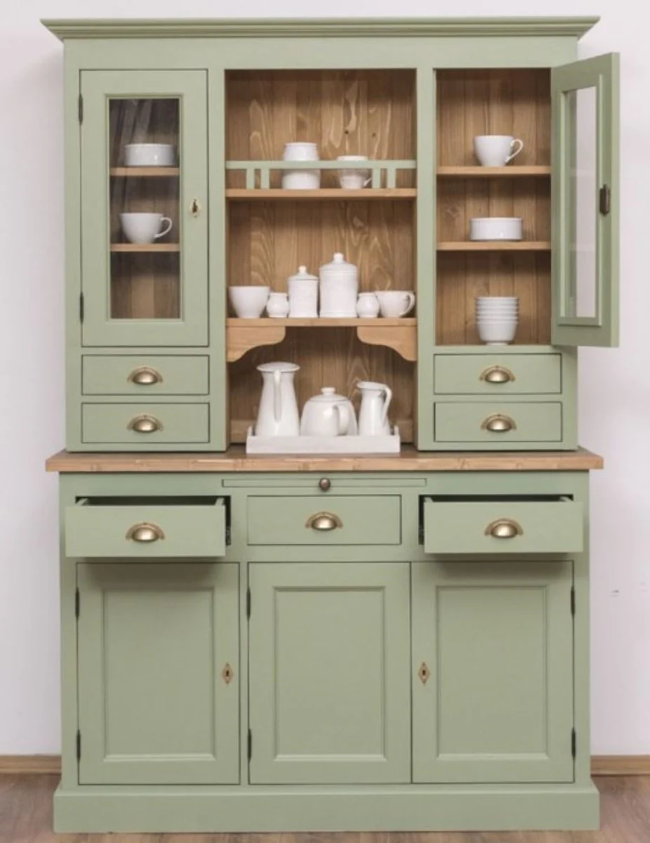 Country house style kitchen cabinet green / brown 137 x 50 x H. 197 cm - 2-part kitchen cabinet with 5 doors and 7 drawers - country house style kitchen furniture