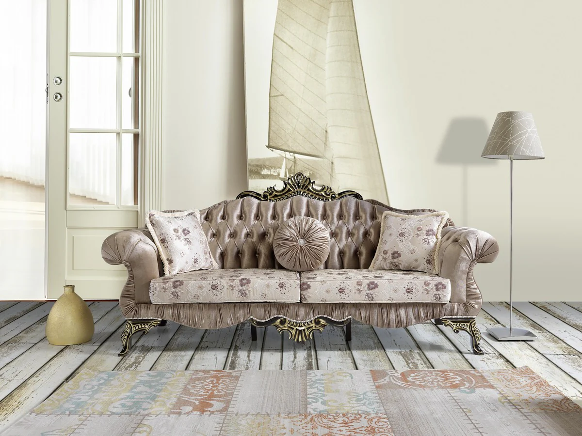 Barock Wohnzimmer Set Braun / Beige / Schwarz / Gold - 2 Sofas & 2 Sessel & 1 Couchtisch - Barock Wohnzimmer Möbel