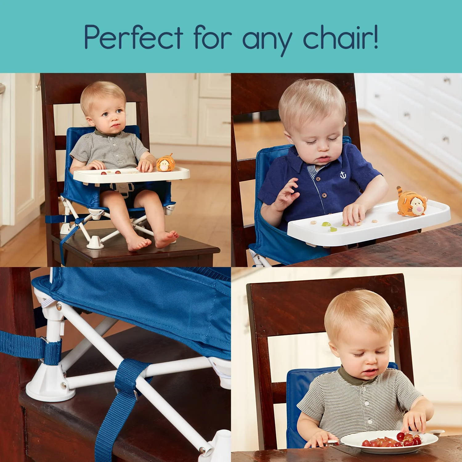 Reisesitzerhöhung mit Tablett für Baby | Zusammenklappbarer, tragbarer Babysitz für Esstisch, Camping, Strand, Omas | Kippfreie Designgurte für Küchenstühle – Sitzerhöhung