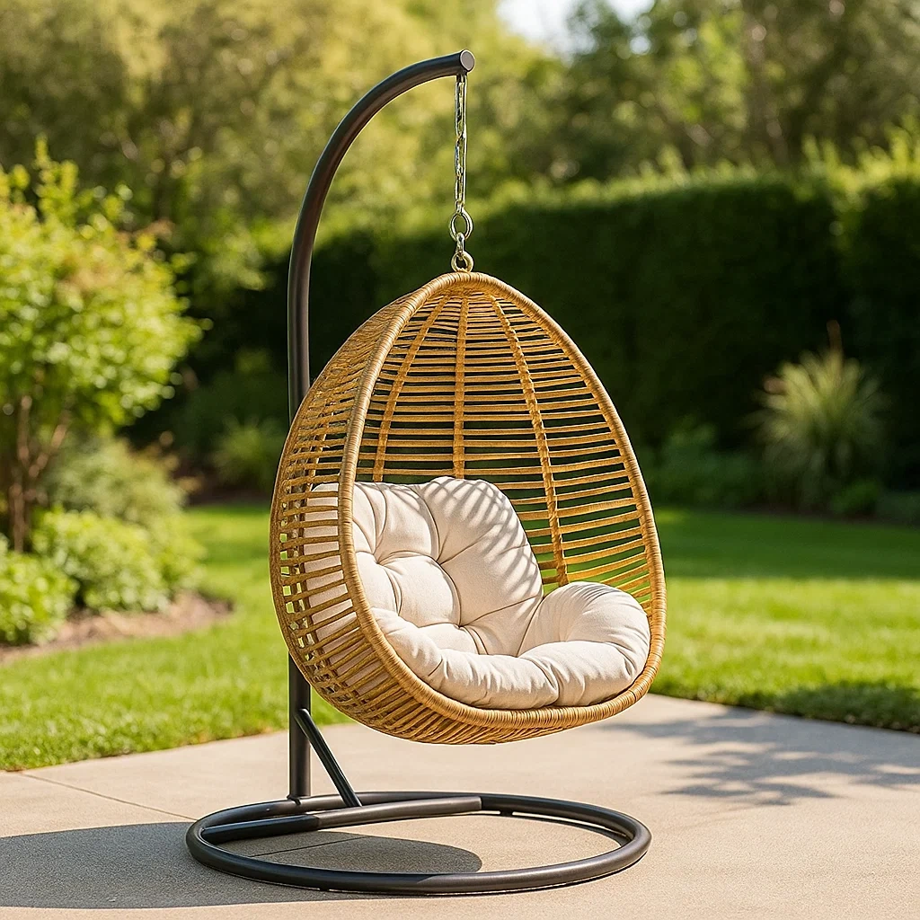 Hängender, tropfenförmiger Sessel aus natürlichem Kunstfaser-Rattan mit beigefarbenen Kissen und schwarzem Metallgestell, geeignet für Garten oder Terrasse, 100 x 95 x 195 cm - ui8KMA71PdGD