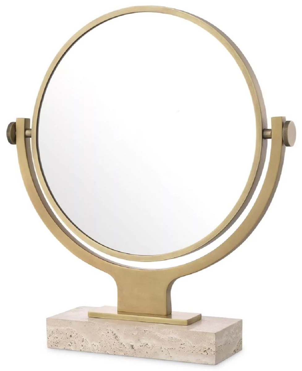 Luxury cosmetic table mirror antique brass / beige 50.5 x 12 x H. 56 cm - Round adjustable bathroom make-up mirror with travertine base - Luxury bathroom accessories