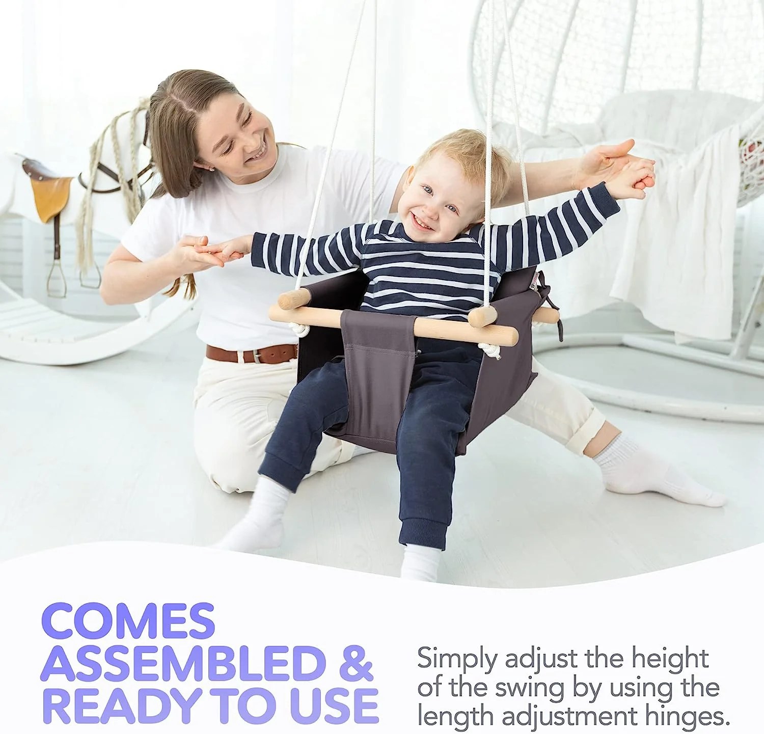 Babyschaukel aus Segeltuch, hängender Schaukelsitz aus Holz mit Sicherheitsgurt, langlebiger Baby-Hängemattenstuhl, Außen- und Innenschaukel für Kinder, Montagezubehör im Lieferumfang enthalten, Elfenbeinfarben