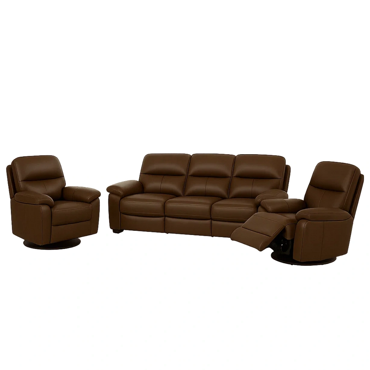 Sofagarnitur bestehend aus einem 3-Sitzer-Sofa mit Holzrahmen, Schaumstoffpolsterung und braunem Kunstlederbezug, bestehend aus Relaxsesseln und einem Sofa mit Holzrahmen. Maße Sofa: 3-Sitzer (200 x 90 x 100 cm), Maße Sessel: 85 x 90 x 100 cm - TeGep