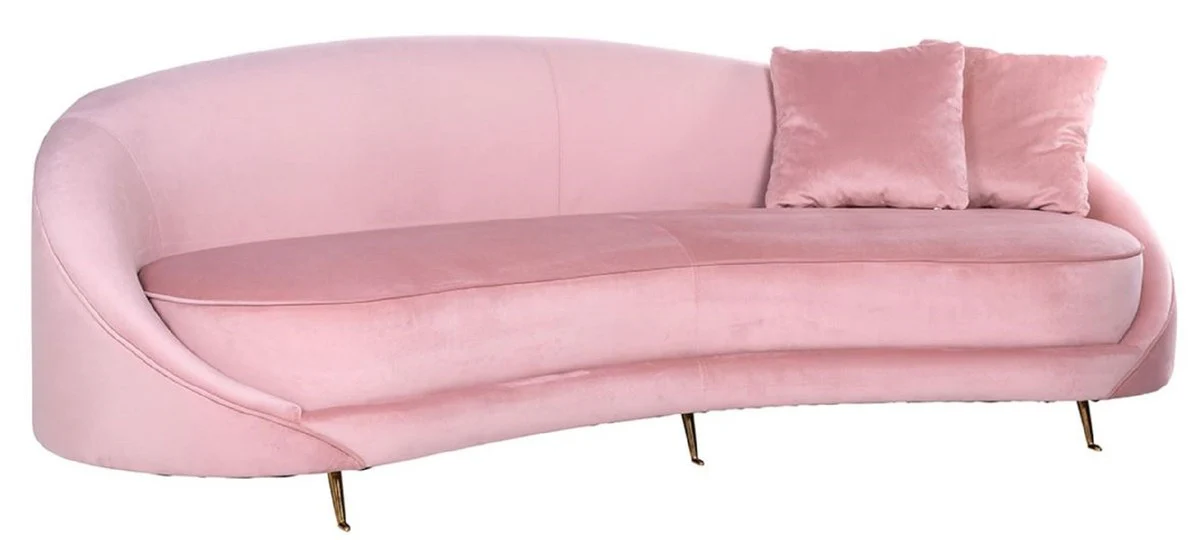 Luxury velvet sofa pink / gold 240 x 100 x H. 77 cm - Curved living room sofa with 2 decorative pillows - Luxury living room furniture